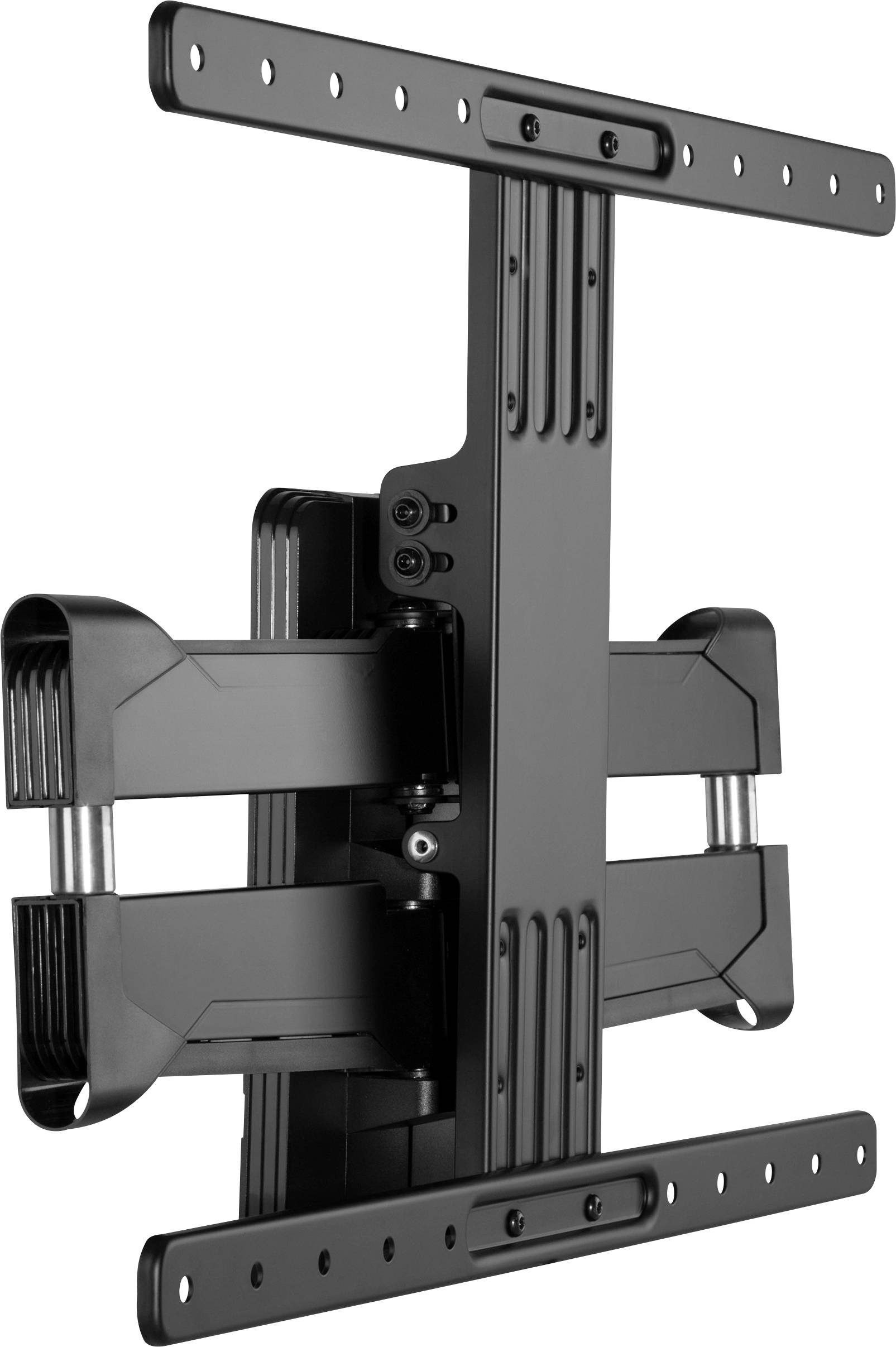 Black, tilting and swivelling metal TV wall mount with multiple mounting holes. Suitable for flat-screen televisions.