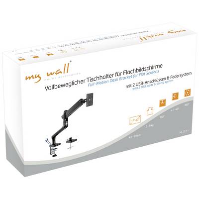 Fully articulating desk mount for flat screen monitors, suitable for 17"-32" displays, with 2 USB ports and spring mechanism.