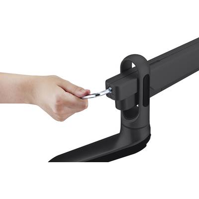 A hand is using an Allen key to tighten a screw on a black articulated arm.
