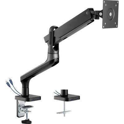 Black monitor arm with flexible joint for desk mounting, integrated USB ports. Suitable for ergonomic screen positioning.
