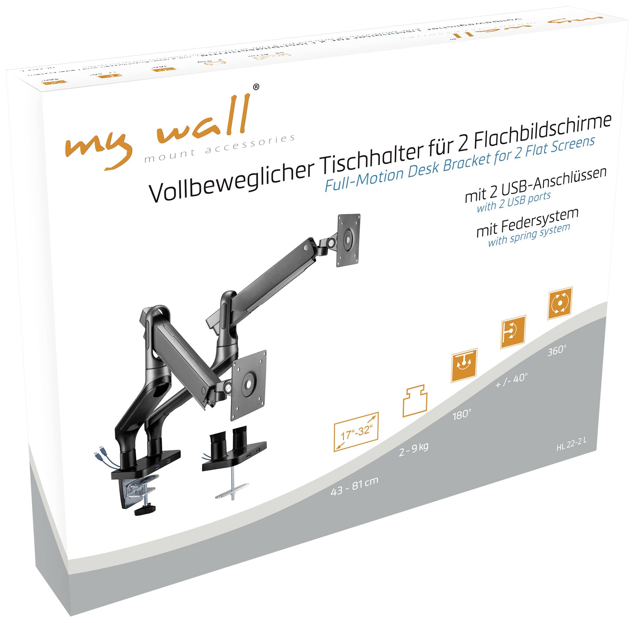 Fully articulating desk mount for two flat screens, compatible with 17"-32" displays, featuring 2 USB ports and a spring-assisted mechanism.