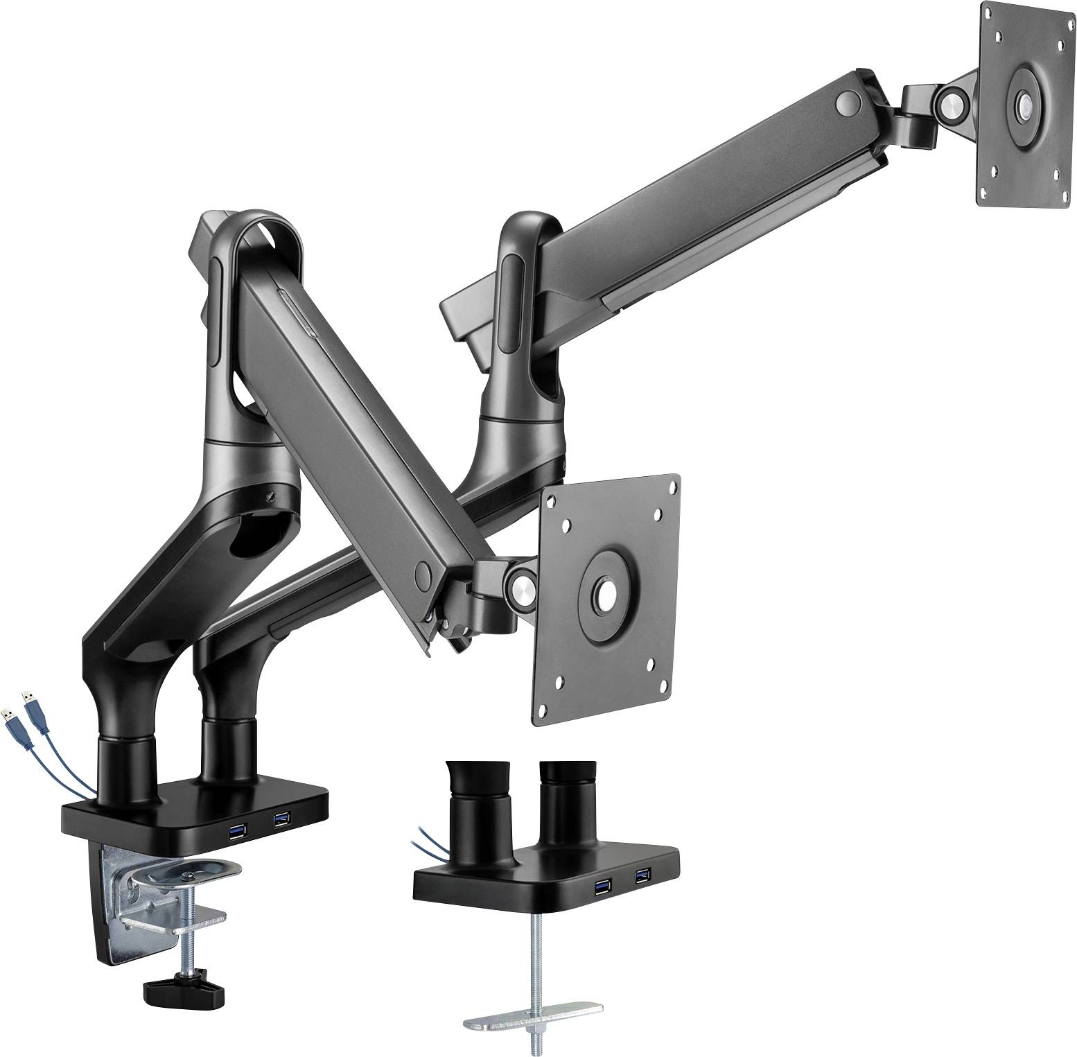 Height-adjustable dual monitor mount made of aluminium, black arm with USB ports, suitable for two screens.