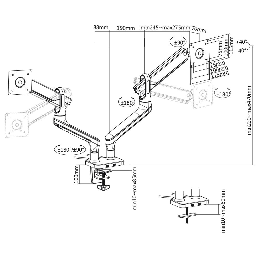 Assembly drawing of a monitor arm with adjustable joints. Dimensions of the elements are specified, including tilt and rotation angles.