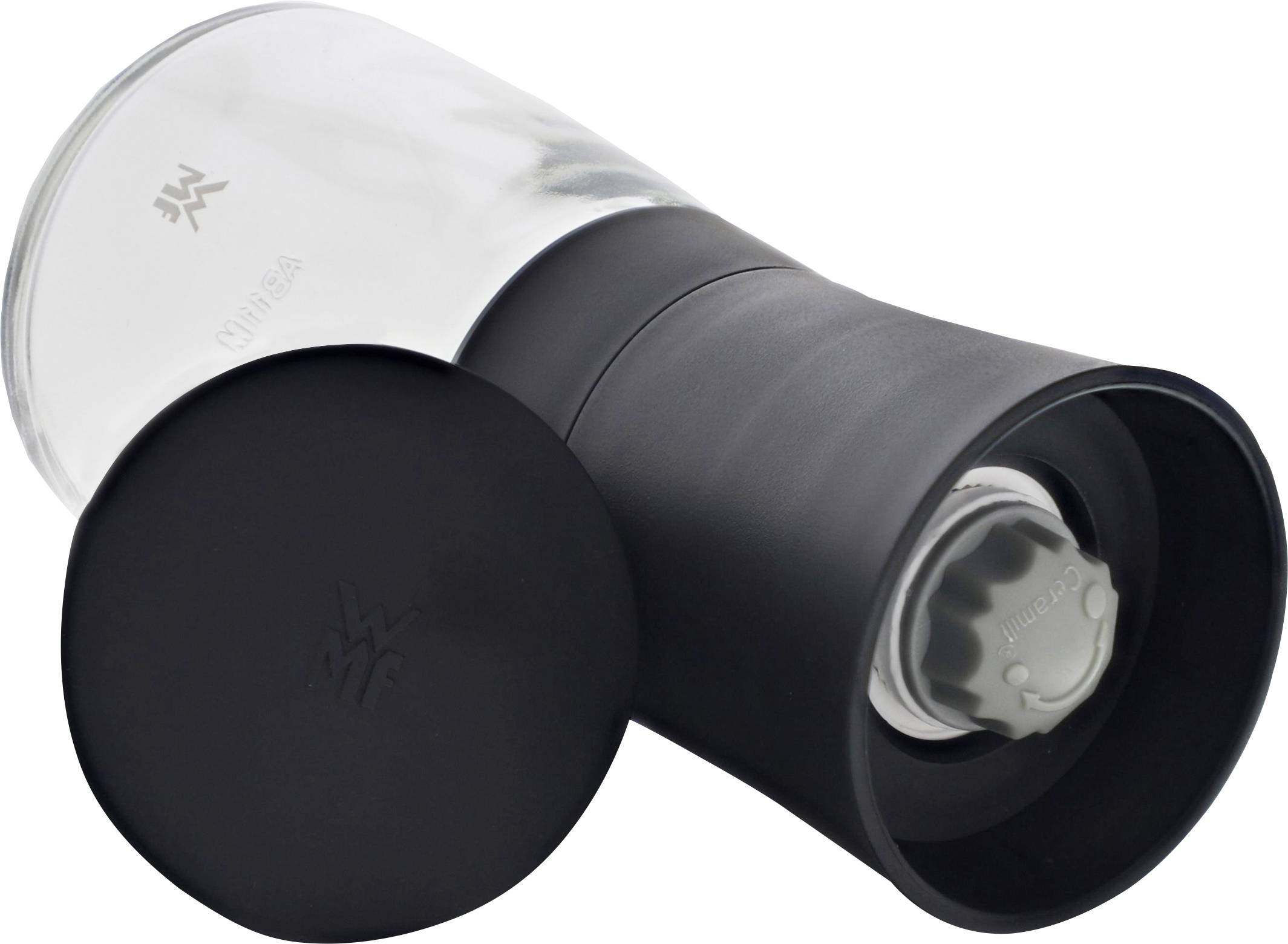 Two black and transparent salt and pepper mills are placed side by side. The mills display the WMF logo.