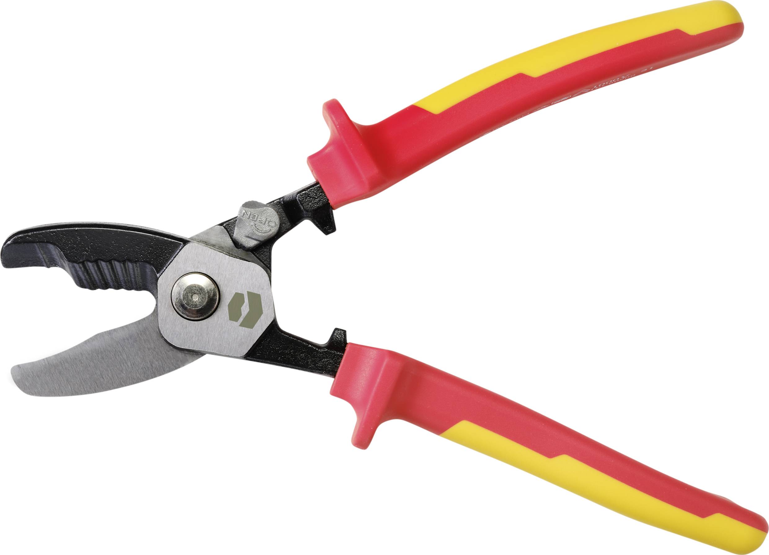Red and yellow cable cutters, isolated on a white background, shown for cutting plastic and electrical wires.