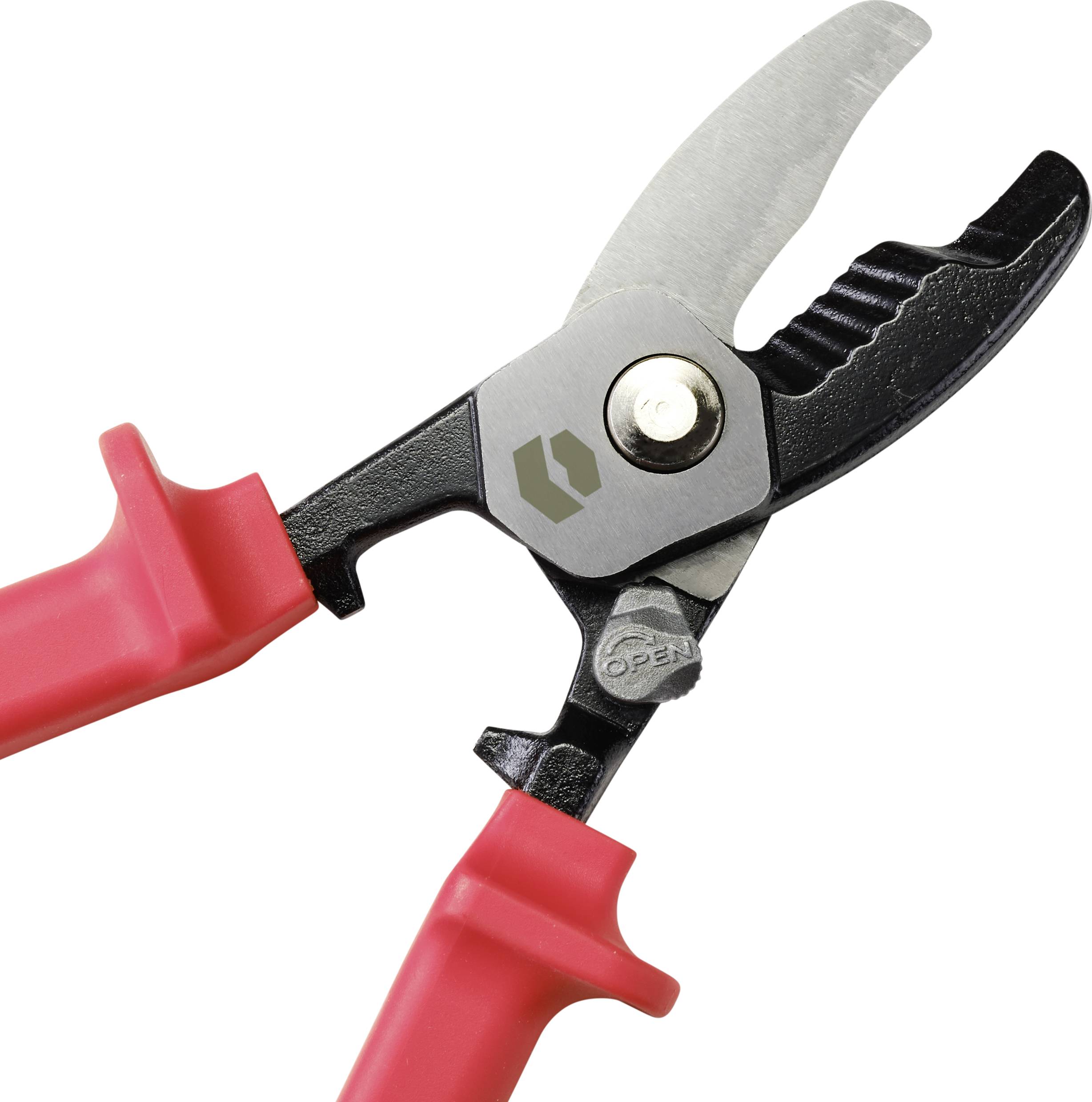 A red garden secateurs with a black and silver cutting mechanism. It is open, revealing the sharp blades.