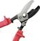A red garden secateurs with a black and silver cutting mechanism. It is open, revealing the sharp blades.