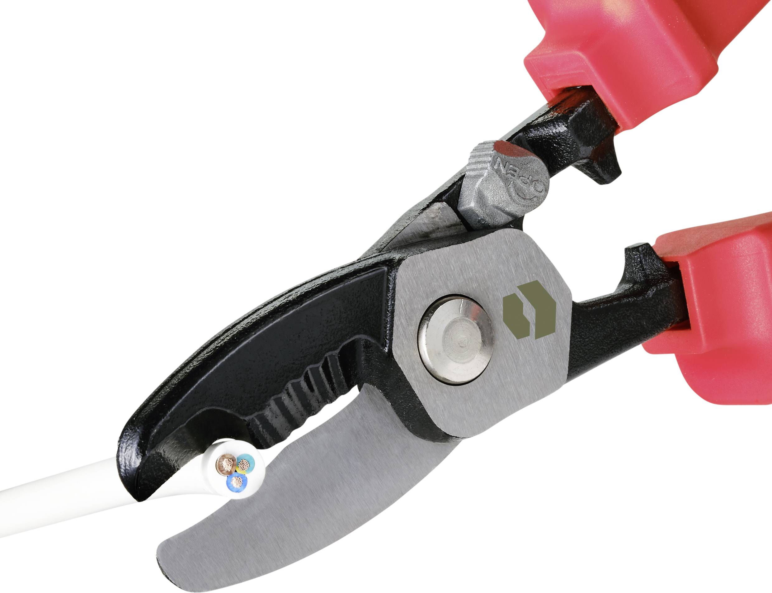 Wire cutters cutting a thin cable. Close-up of the cutting tool with red handles.