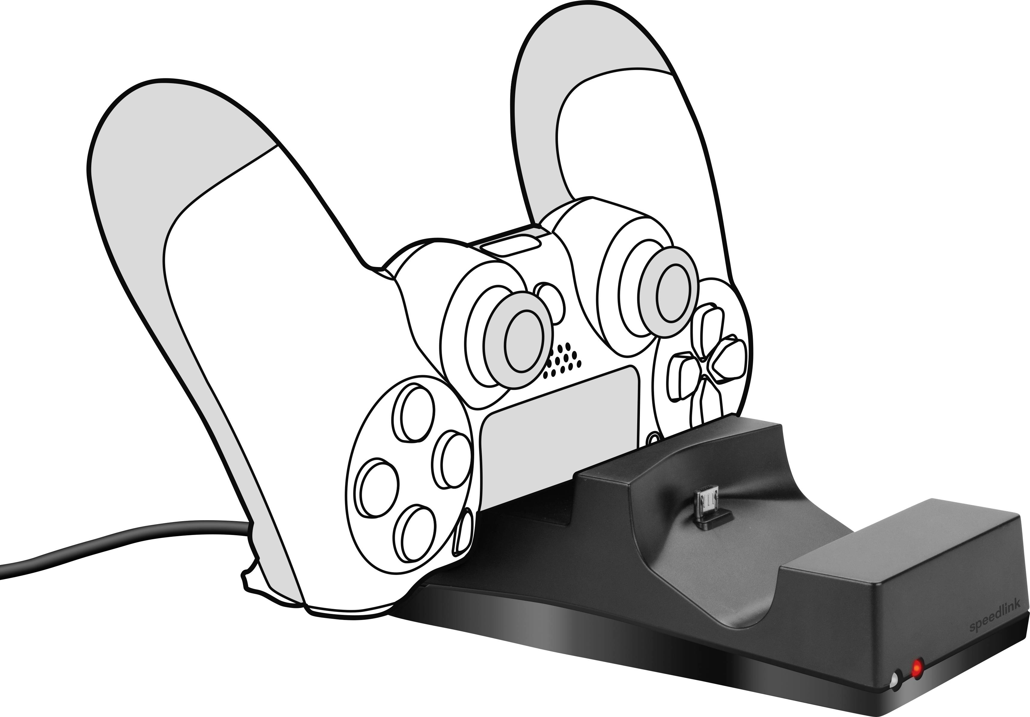 Game controller on charging station, side view with connection cable.