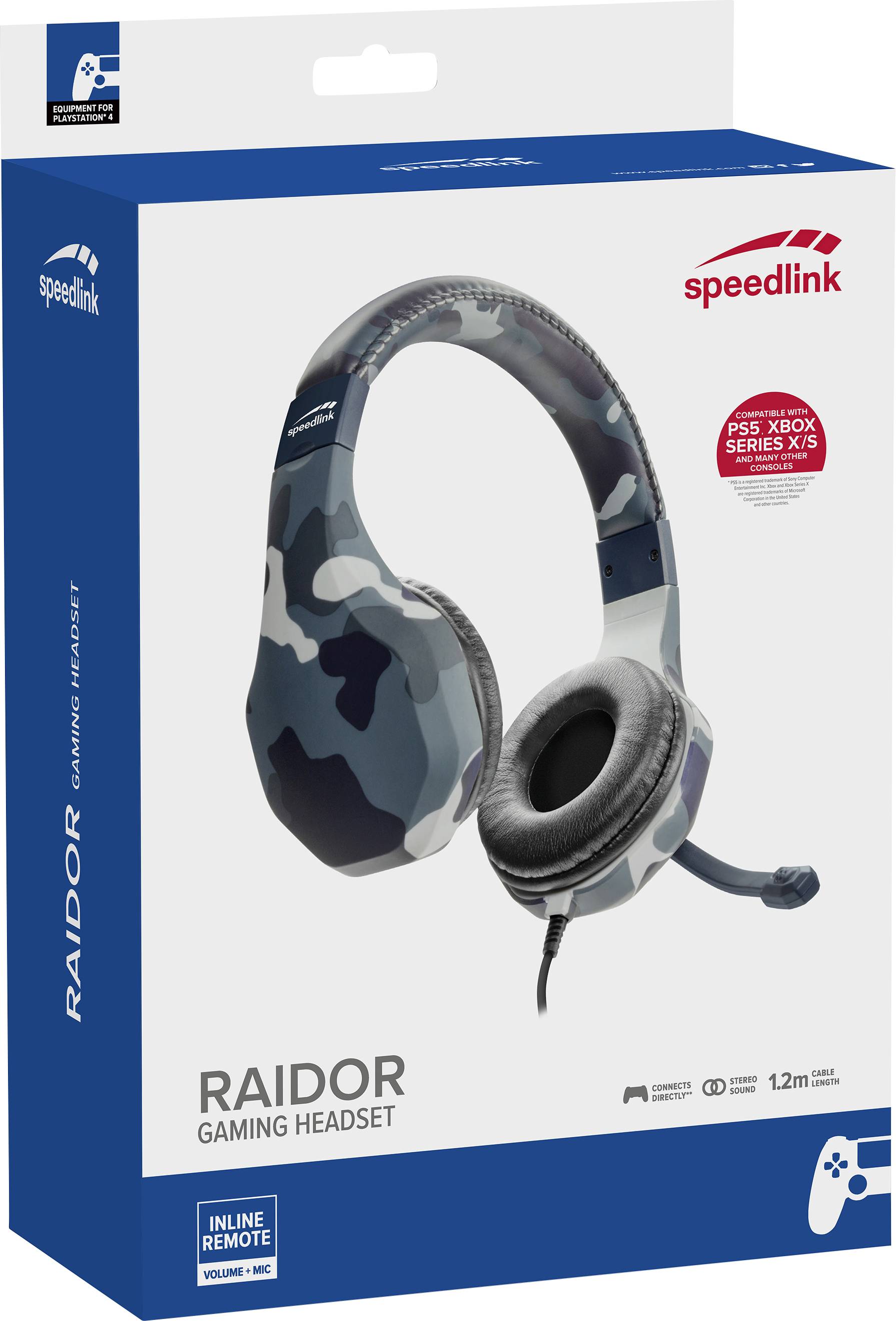 SpeedLink RAIDOR Over-ear headset Corded (1075100) Stereo Camouflage blue Remote control, Volume control, Microphone mut-3