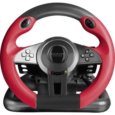 Steering wheel controller in red and black with multiple buttons, two larger buttons on top and controls on the right-hand side.