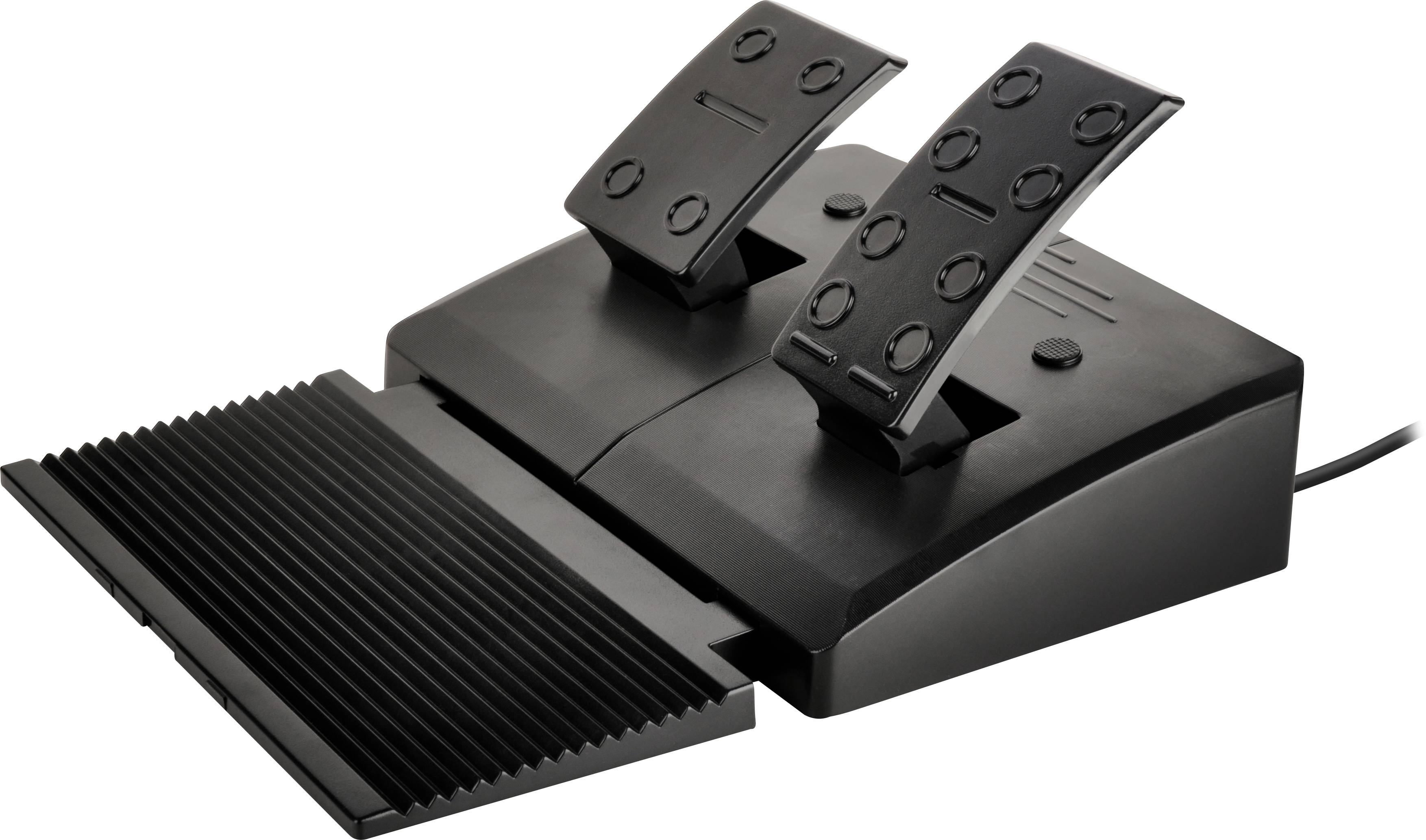 Black pedal unit with two pedals, which can be used for racing simulations or flight control.