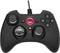 Black game controller with an analogue directional pad, two joysticks and four function buttons. A red light is illuminated in the centre.