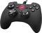 Black gaming controller with multiple buttons, joysticks and cable. Brand logo in the centre, red light illuminating.