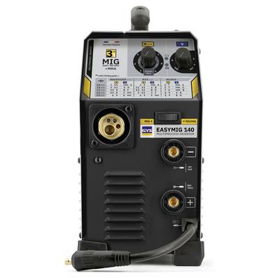 Front view of a GYS EasyMIG 140 multiprocess inverter welding machine, showing power and adjustment dials, MIG settings chart, torch connector, and cable ports.