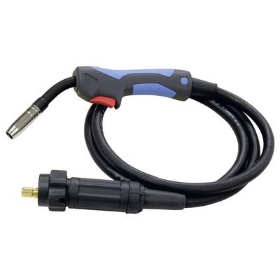 MIG welding torch with black cable and connector, shown on a white background.