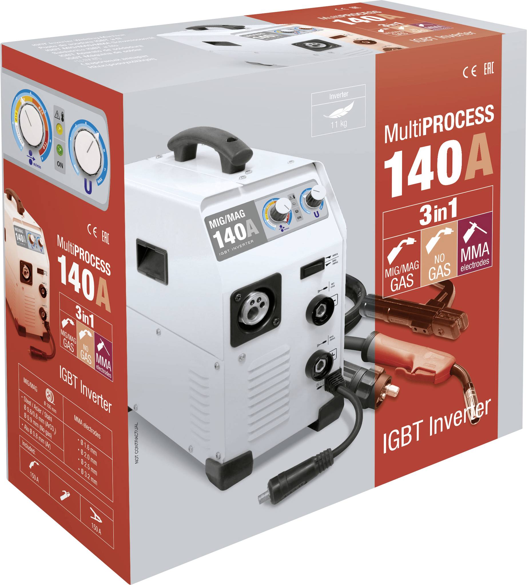 Welding Machine MultiPROCESS 140A shows 3-in-1 function: MIG/MAG, Gas, MMA. Manufactured by a leading IGBT inverter manufacturer.