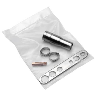 Metal pipe fitting kit with a chrome cylindrical part, two hose clamps, a copper connector, and a slotted wrench on a clear plastic bag.