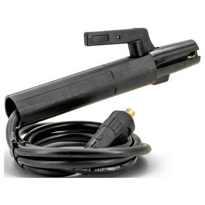 Black handheld welding torch with attached coiled cable and connector, shown on a white background.