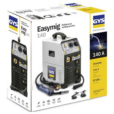 Product box for GYS Easymig 140 multiprocess welding machine, showing the welder and accessories with 140 A inverter and 3-in-1 features.<br>