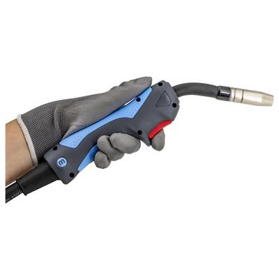 Gloved hand holding a welding torch with a blue and black handle and copper nozzle, shown against a white background.