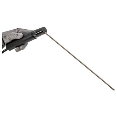 Gloved hand holding a black welding torch with a long angled metal electrode extending across a white background.<br>