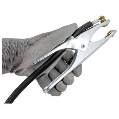 Gloved hand holding a cable with a metal grounding clamp attached to the end.