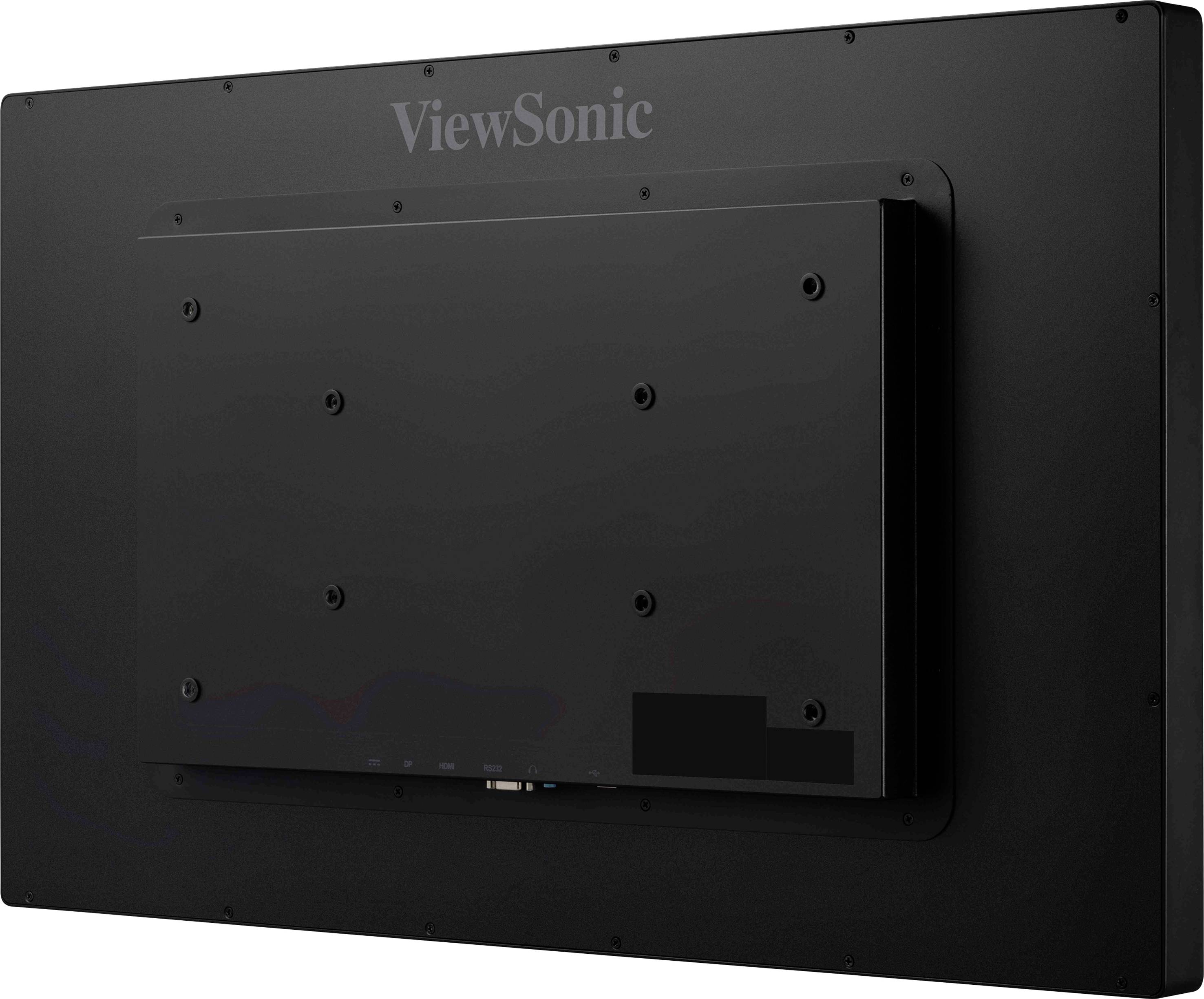 Rear view of a black ViewSonic monitor with stand and connections visible.