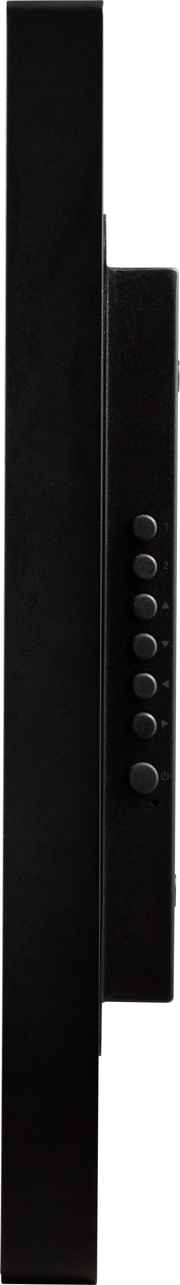 Black television in side view, showing depth and side button panel.