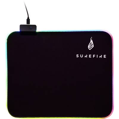 Gaming mouse mat with a black surface and illuminated RGB edges. The Surefire logo is displayed in the top right corner.