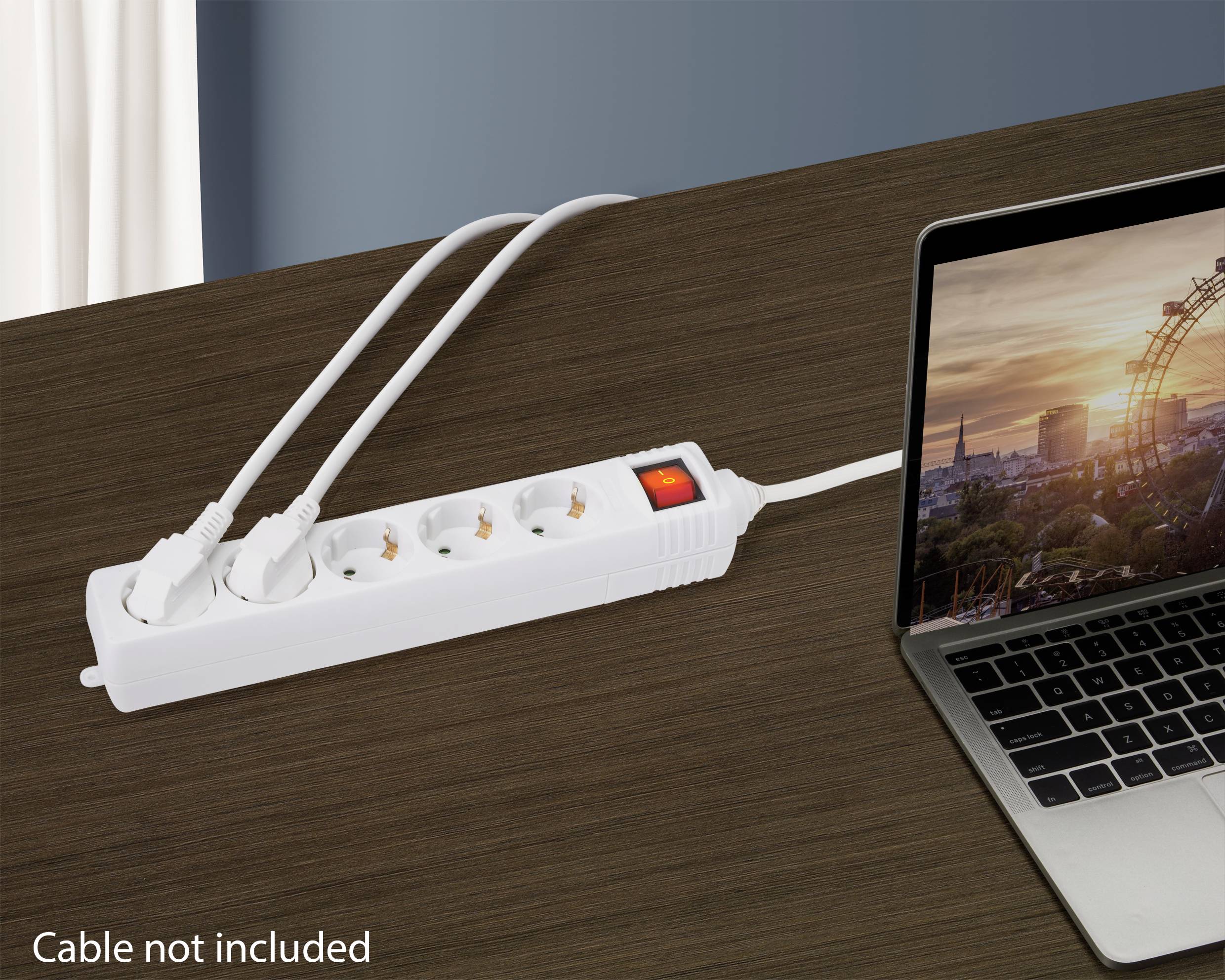 A multi-socket extension lead with several plugged-in cables and a connected laptop; caption states 'Cables not included'.
