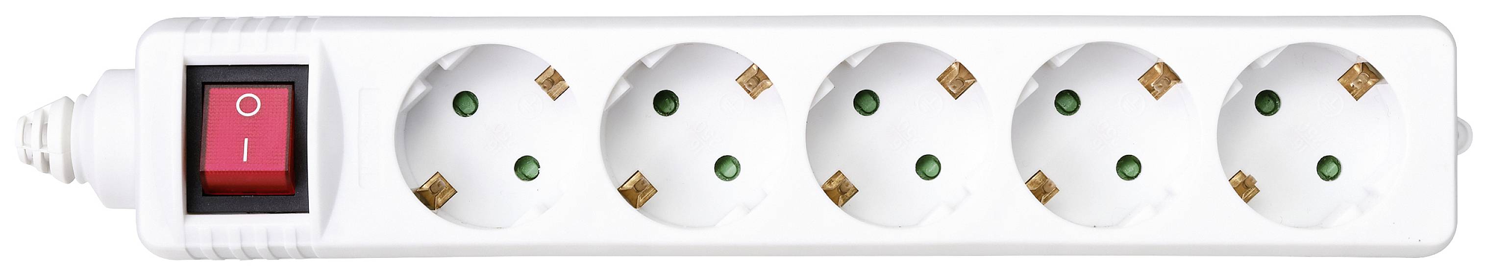 Five-way extension socket with red on/off switch, horizontally aligned.