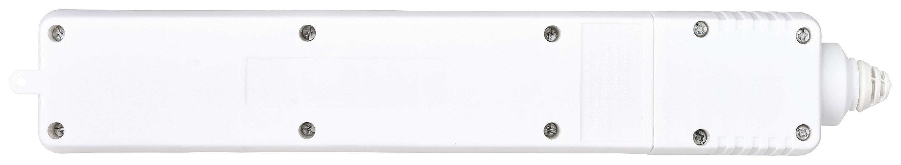 A long, white, rectangular plastic box with multiple screws and a ribbed, tapered end on the right side.