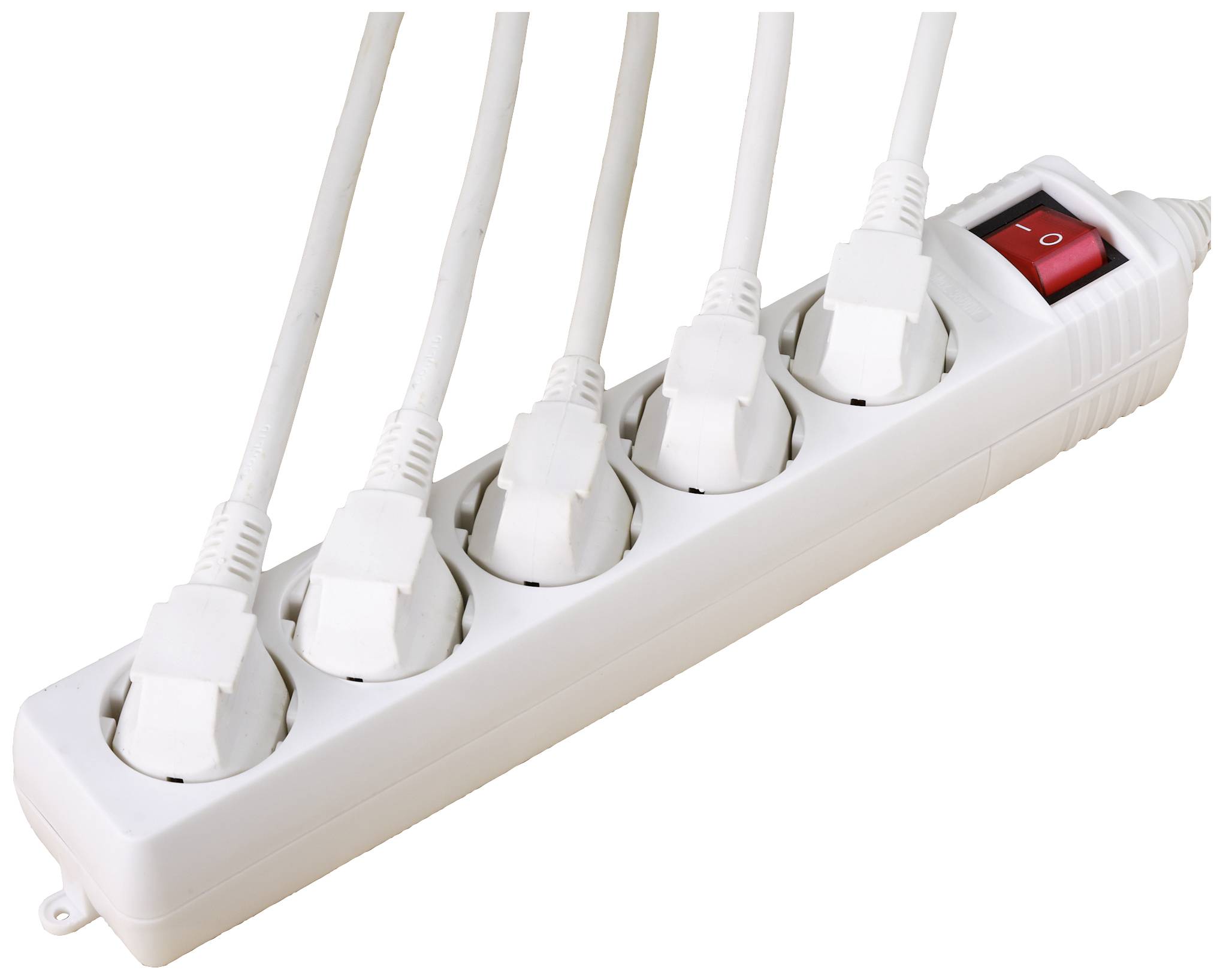 A white multi-socket extension with five power cables plugged in and a red on/off switch at the right-hand end.