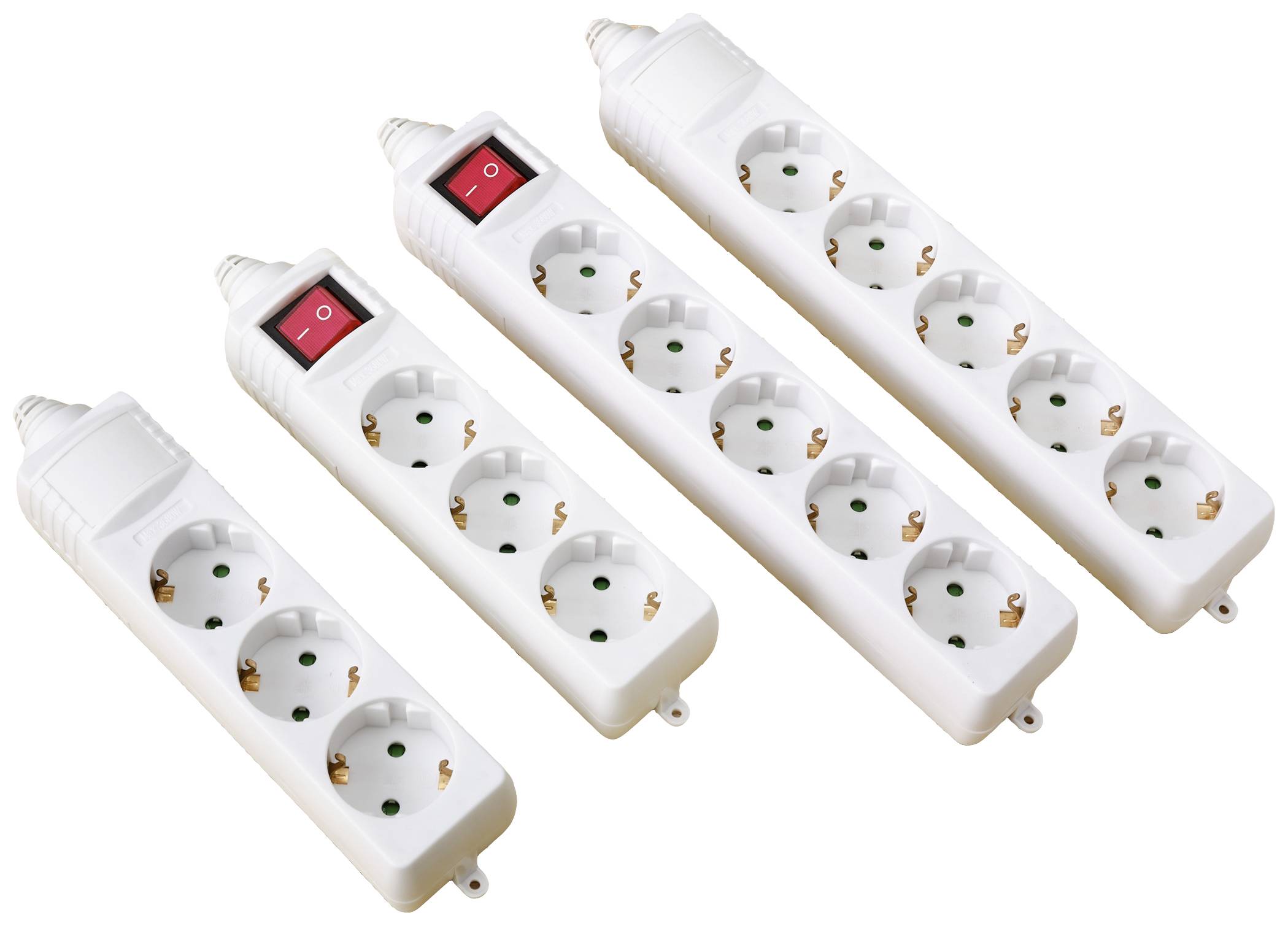 Four white multi-socket extension leads, two of which have red on/off switches. Each has multiple plug sockets for electrical appliances.