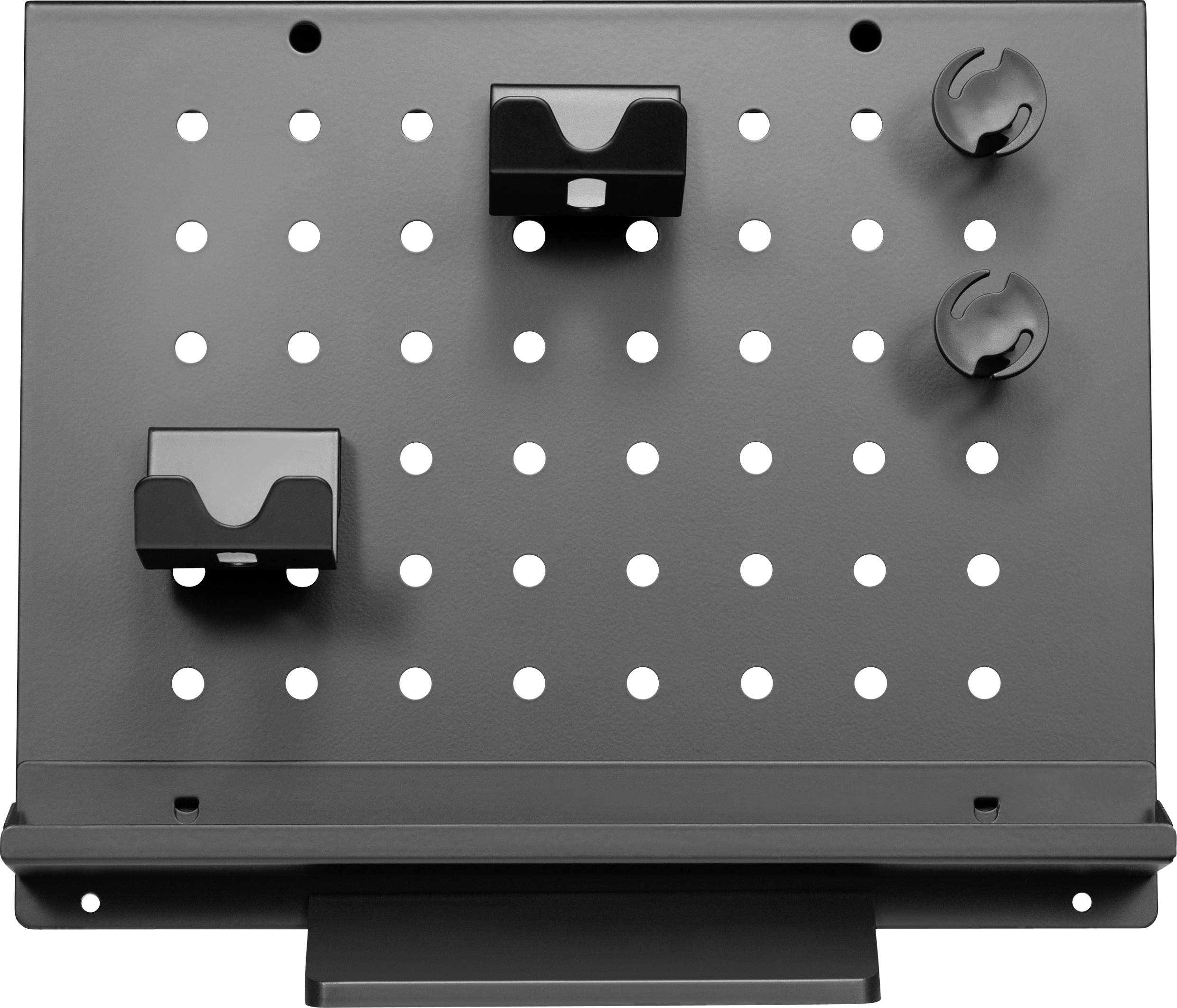 Black, perforated wall-mounted shelving with multiple hooks and attachments for organising tools or accessories.