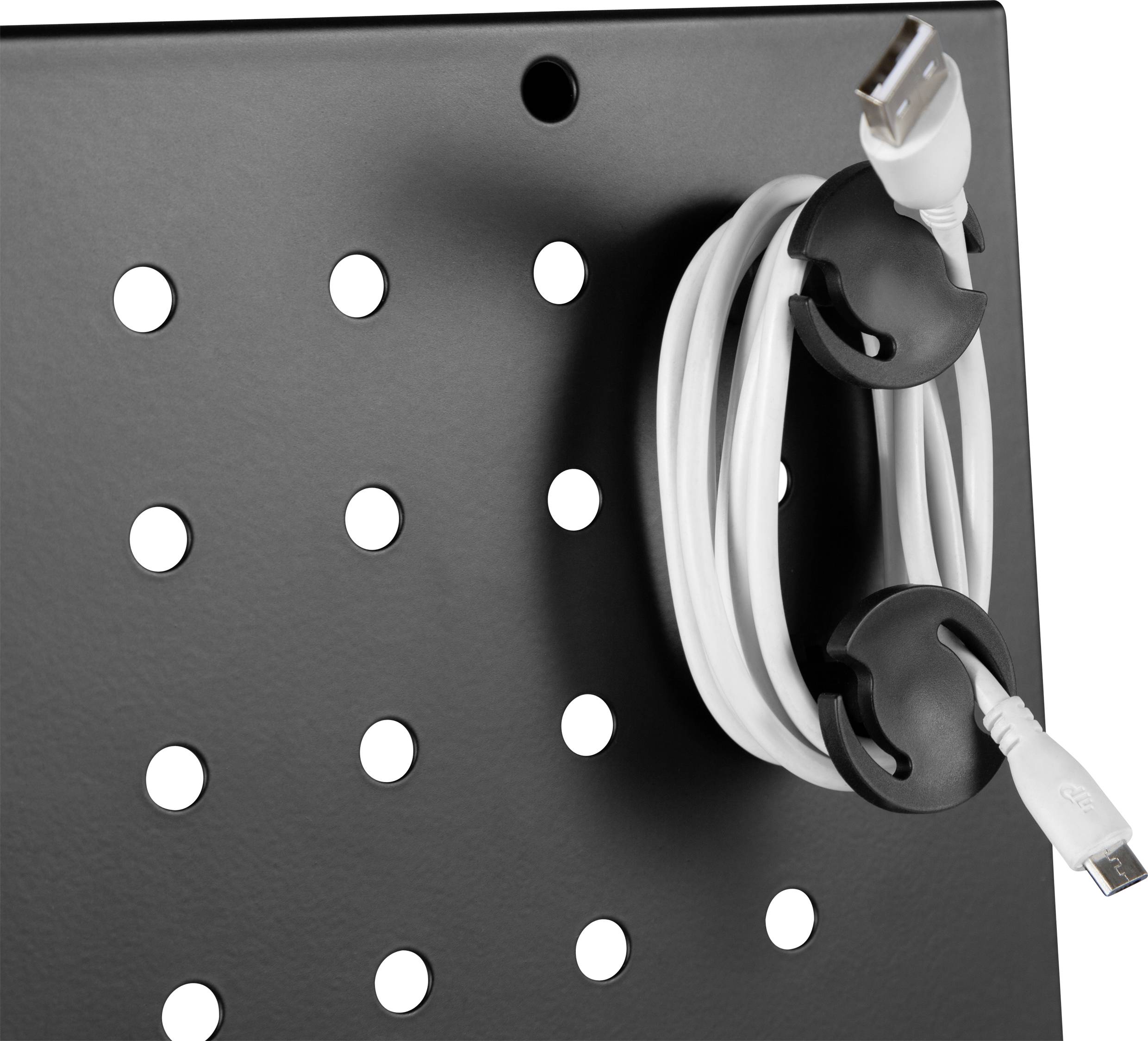A black perforated sheet metal with a rolled white cable, secured by two black cable clips.