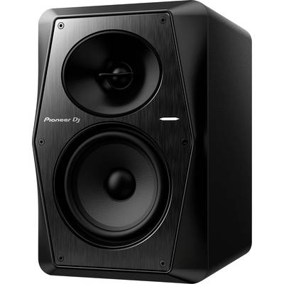 A black speaker with two large drivers, marked as 'Pioneer DJ', on a glossy enclosure.