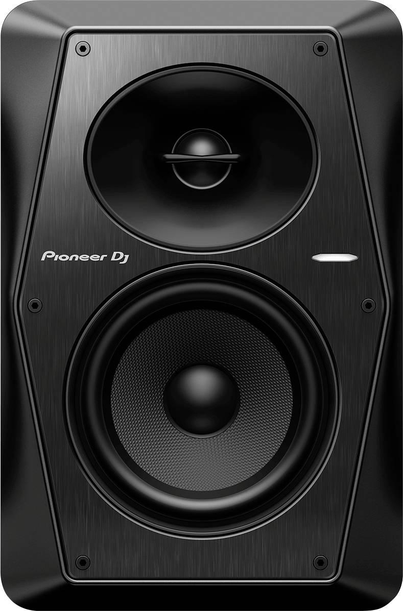 A black speaker with two speaker units. A smaller tweeter at the top, and a larger woofer at the bottom.