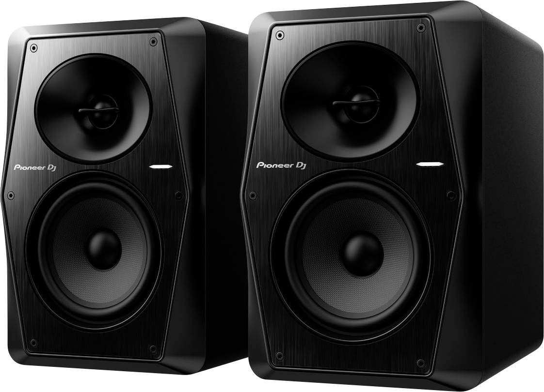Two black speakers by Pioneer DJ, standing side by side, with visible membranes and a minimalist surface.