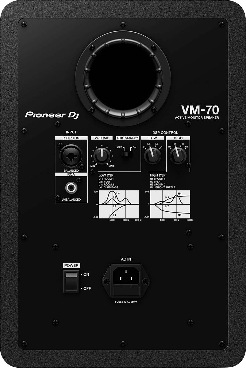 DJ speaker front with brand logo, input connection, DSP control switch, graphics for frequency adjustments and power switch.