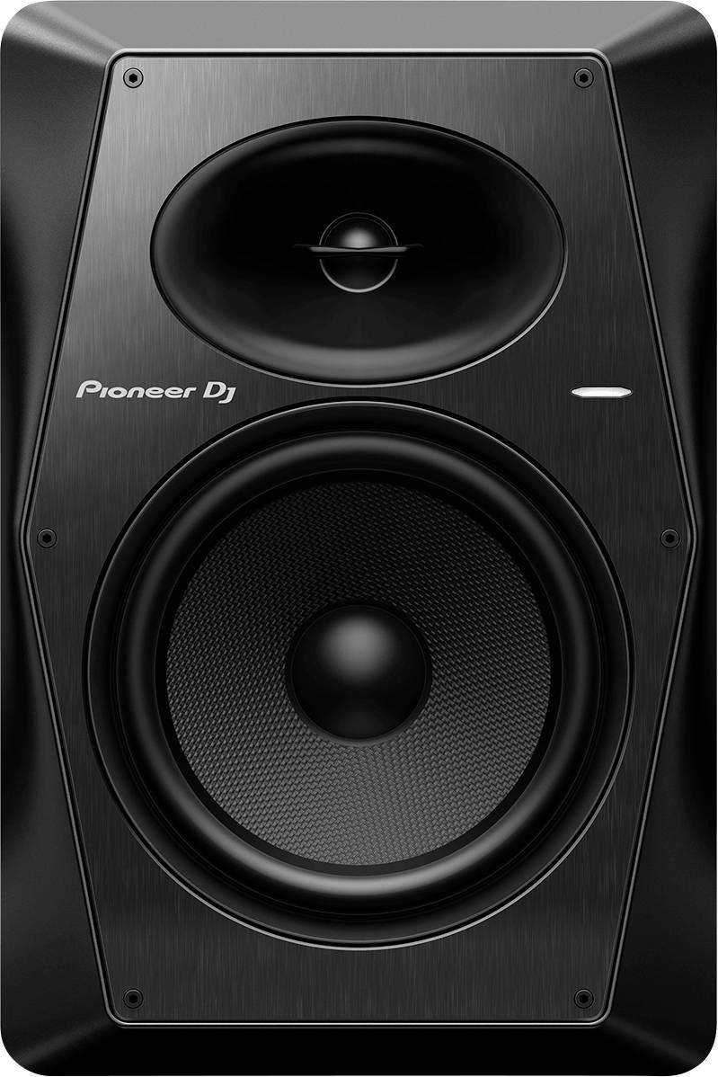 Speaker cabinet with a round woofer at the bottom and a smaller tweeter on top, suitable for music production or DJing.