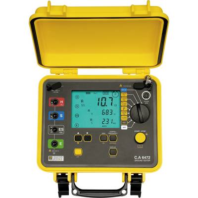 Yellow ground testing device with open lid, digital display showing measurements: Voltage 10.7V, Resistance 68.3Ω. Buttons and connections visible.