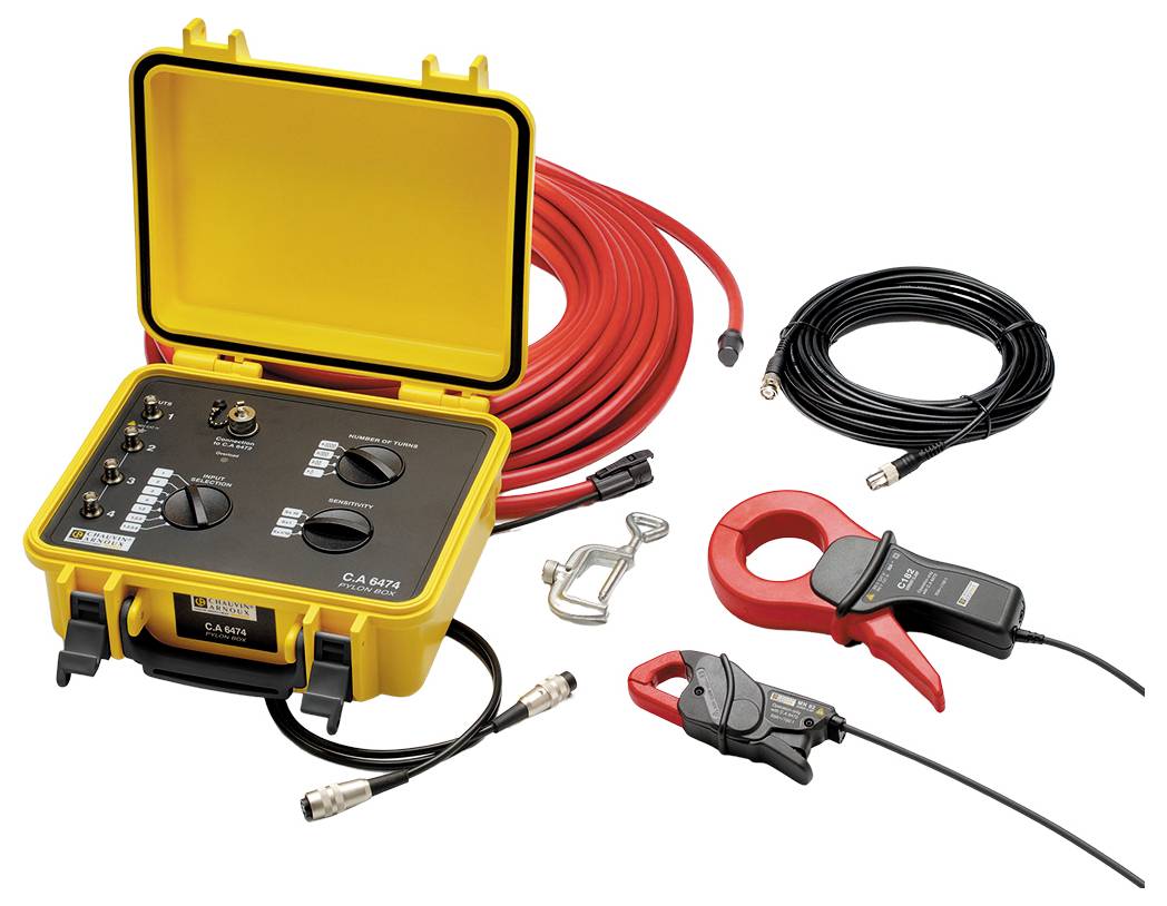 A yellow electrical measuring device with various connection cables. Used for checking electrical currents and voltage.