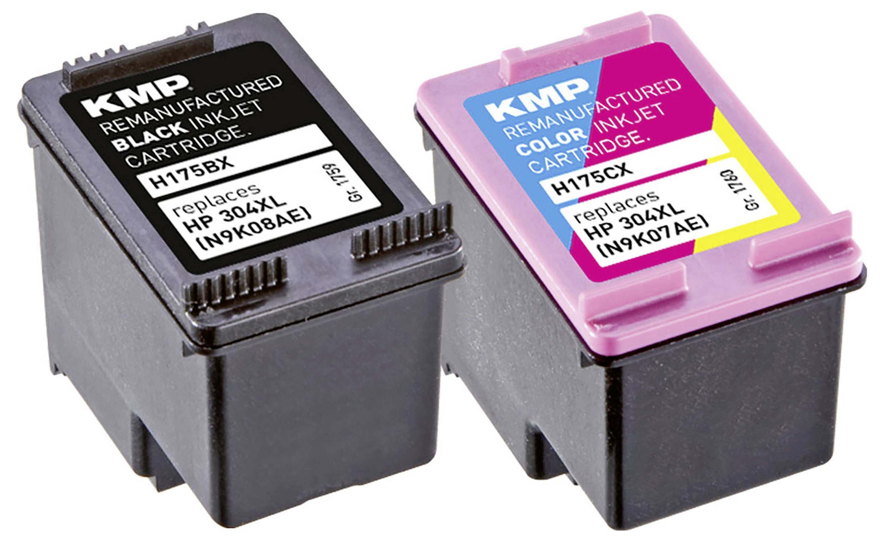 Black and color inkjet cartridges labeled 'KMP' showing model numbers and replacement compatibility.