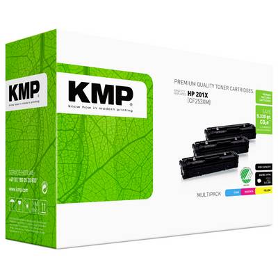 KMP premium quality toner cartridges multipack for HP 201X, showing black, cyan, magenta, and yellow cartridges on packaging.