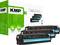 'Three black toner cartridges in front of a KMP packaging box. On the box: 36-month guarantee, 100% compatible, green leaf motif.'