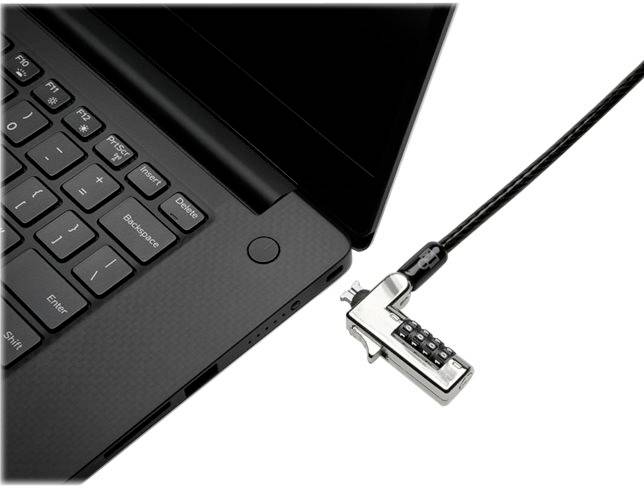 A laptop with a security cable lock inserted into the security slot to prevent unauthorised access.