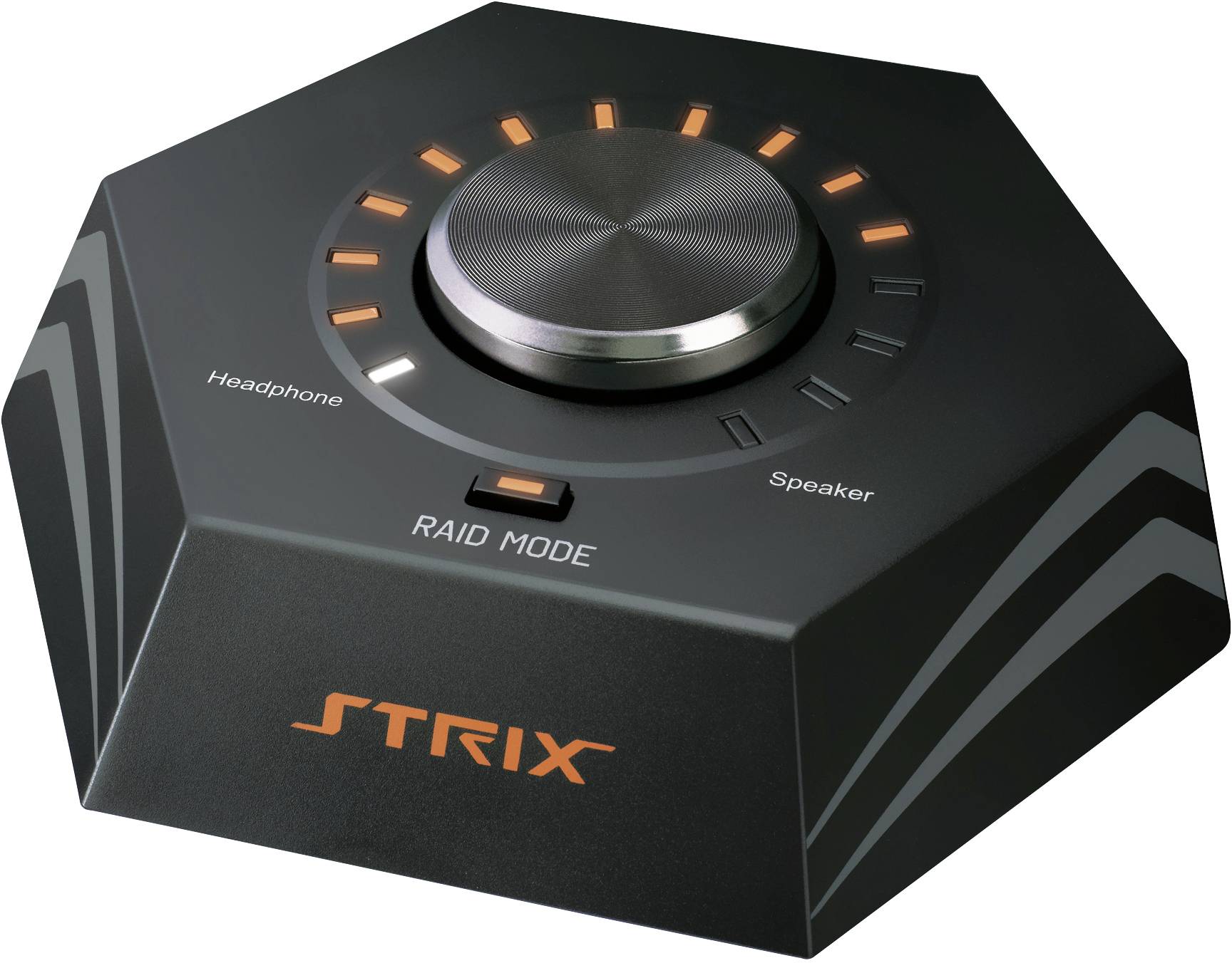 External sound card with large volume control, surrounded by illuminated indicator lights. Brand name 'STRIX' and switch for raid mode.