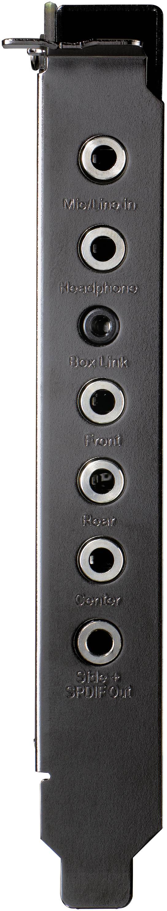 Black sound card panel with six 3.5 mm audio sockets, labelled 'Mic In', 'Line Out', 'Rear', 'Front', 'Side', 'Centre/Sub'.
